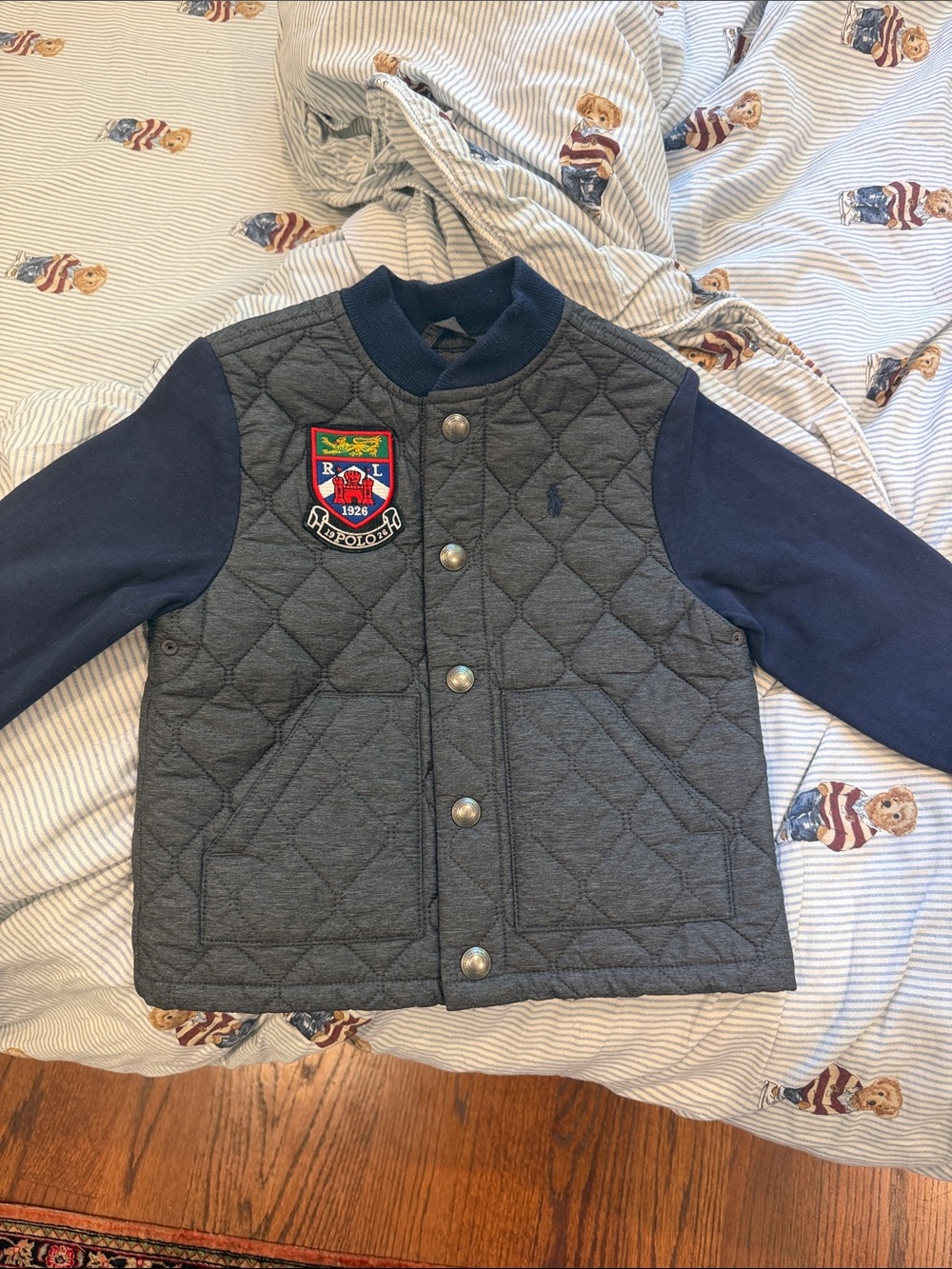 Polo Quilted Jacket with Navy Sleeves and Crest size 2t